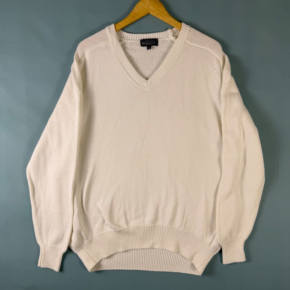 Vintage 80s 90s Lands' End Men's XL Cream V Neck Knit Sweater Made in USA